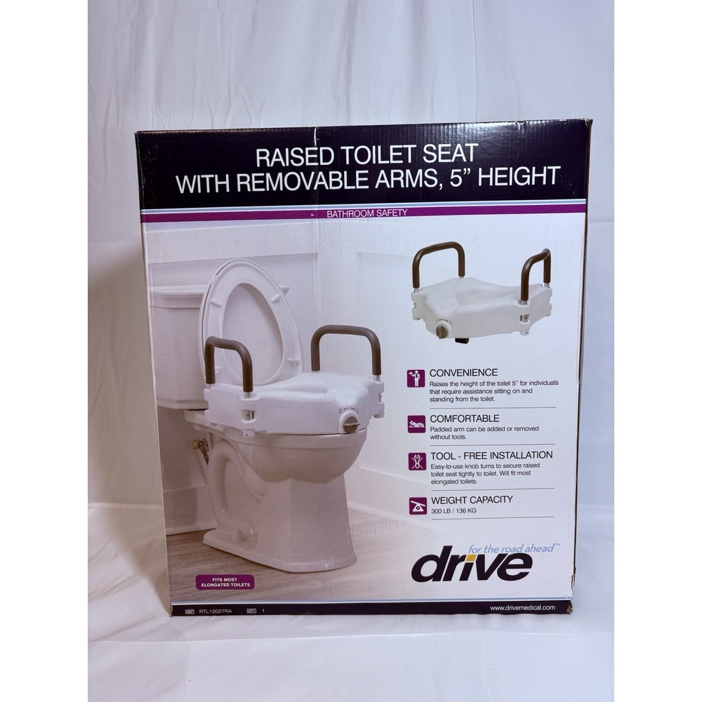 Locking Raised Toilet Seat w/Removable Padded Arms, 20.5" H x 17.5" D x 5" H New